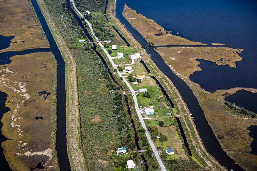 Aerial view of Louisiana’s shrinking Isle de Jean Charles.