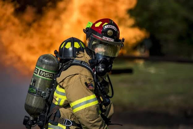 US Air Force fire fighter during a training drill at Joint Base Langley-Eustis, Virginia, on Sept. 19, 2018.
