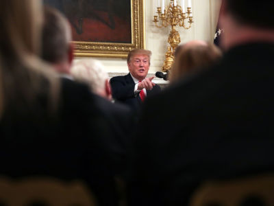 President Donald Trump addresses a meeting of the National Association of Attorneys General in the State Dining Room at the White House March 4, 2019, in Washington, D.C.