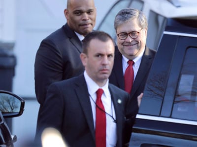Attorney General William Barr with security detail in McLean, Virginia