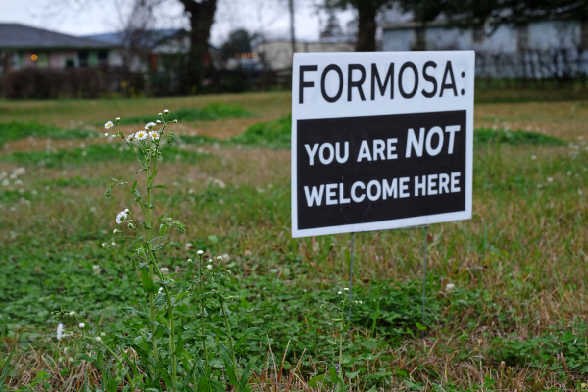 A yard sign opposing Formosa's proposed "ethane cracker" plant near Welcome, Louisiana. The plant would generate feedstock for common plastic products, including grocery bags and throwaway bottles. 