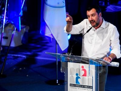 Italy's Interior Minister and deputy PM Matteo Salvini addresses the World Congress of Families (WCF) conference on March 30, 2019, in Verona.