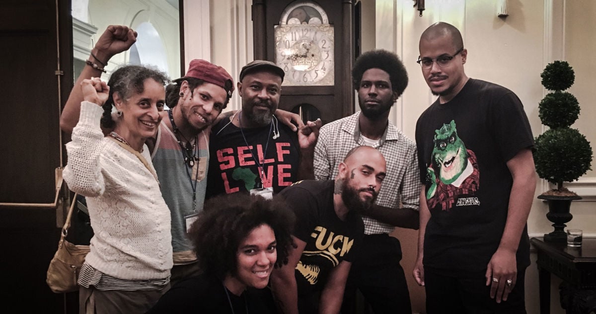 Z, the founder of Black Socialists of America, meets with Cooperation Jackson co-founder Kali Akuno and others at the 2018 Fearless Cities conference in New York City, shortly before Black Socialists of America and Cooperation Jackson formally agreed to a partnership.