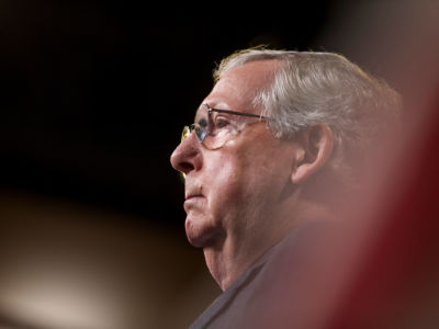 Senate Majority Leader Mitch McConnell speaks at the Capitol Building