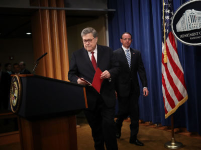 Attorney General William Barr (L) arrives for a press conference on the release of the redacted version of the Mueller report at the Department of Justice April 18, 2019, in Washington, D.C.