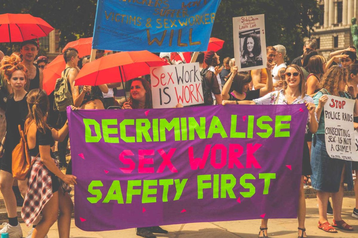 Sex workers demonstrate outside a parlimentary debate in London on the July 4, 2018, to protest discussion of a UK version of FOSTA.