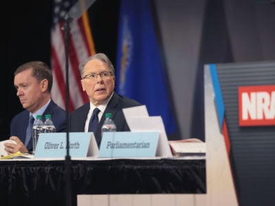 Chris Cox (L), executive director of the NRA-ILA, and Wayne LaPierre, NRA vice president and CEO attend the NRA annual meeting of members at the 148th NRA Annual Meetings and Exhibits on April 27, 2019, in Indianapolis, Indiana.