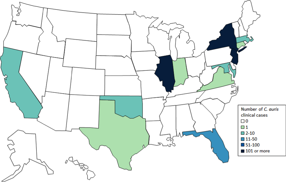 Clinical cases of Candida auris reported by CDC as of February 28, 2019: by U.S. state.
