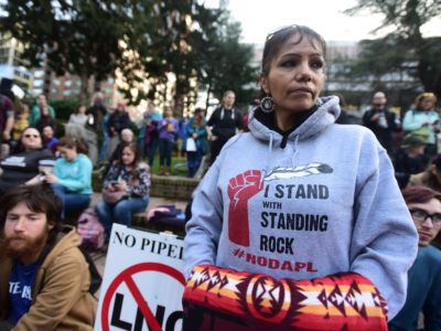 A Native American woman takes part in a protest