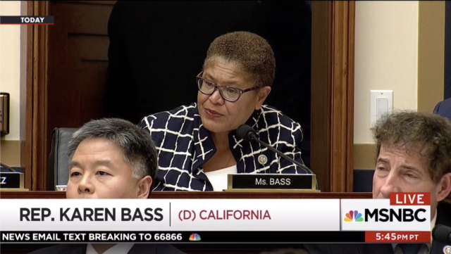 Rep. Karen Bass challenges then-US Attorney General Jeff Sessions on the “Black Identity Extremists” FBI assessment in 2017.