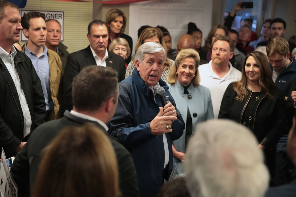 Missouri Gov. Mike Parson speaks in support of Republican U.S. Senate candidate Josh Hawley during a campaign rally at the MOGOP field Office on November 5, 2018, in St. Louis, Missouri. Recently, Parson voiced his support for Alabama's recent anti-choice legislation.