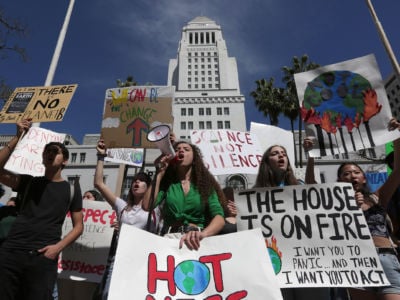 Los Angeles youth join a nationwide strike from school as they protest climate change and strike for the Green New Deal and "other necessary actions to solve the climate crisis," at City Hall in downtown Los Angeles.