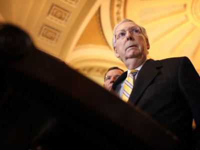 Senate Majority Leader Mitch McConnell answers questions during a press conference at the U.S. Capitol on May 14, 2019, in Washington, D.C.