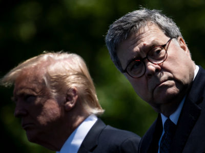 William Barr looks over his shoulder as Donald Trump stands in the background