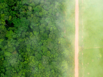 A bird's eye view of the stark contrast between the forest and agricultural landscapes near Rio Branco, Acre, Brazil.