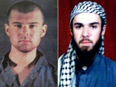 This combination of pictures shows at left a police file photo made available February 6, 2002 of the "American Taliban" John Walker Lindh and at right a February 11, 2002 photograph of him as seen from records in Pakistan's northwestern city of Bannu.