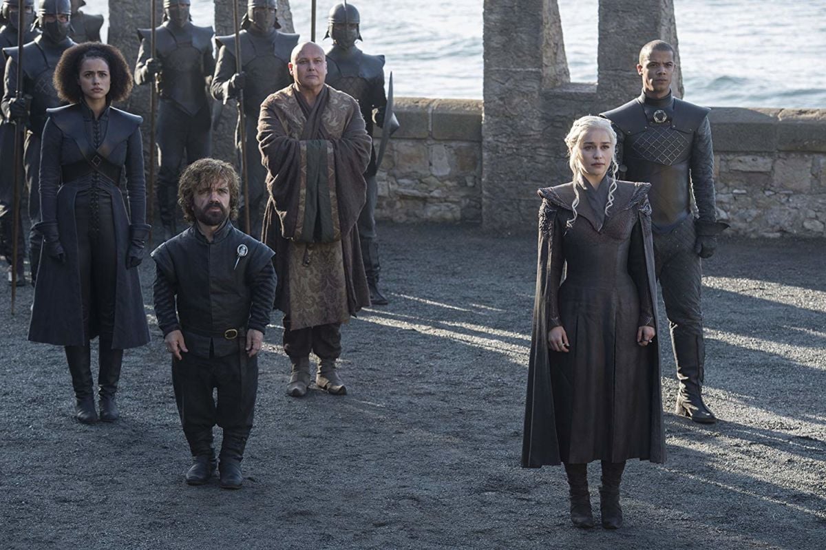 Peter Dinklage, Conleth Hill, Jacob Anderson, Nathalie Emmanuel, and Emilia Clarke in Game of Thrones.