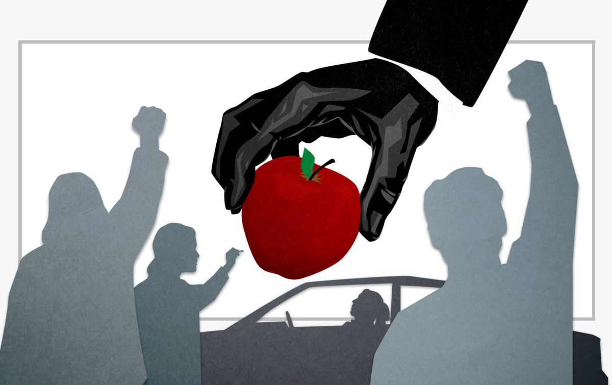 A hand pulls an apple away from protesting silhouettes