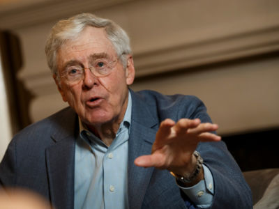 Charles Koch speaks during an interview with the Washington Post at the Freedom Partners Summit on August 3, 2015, in Dana Point, California.