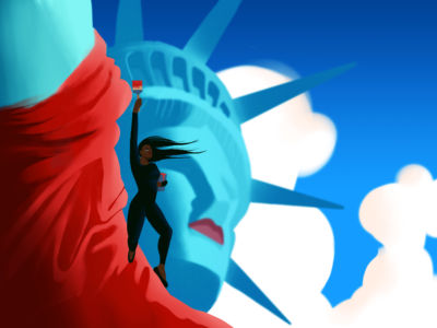 A woman stands on the Statue of Liberty holding a paintbrush. The statue has been given red robes and lipstick.