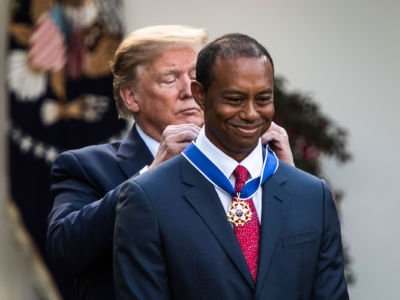 President Trump presents the Presidential Medal of Freedom to Tiger Woods in the Rose Garden at the White House on May 6, 2019 in Washington, D.C.