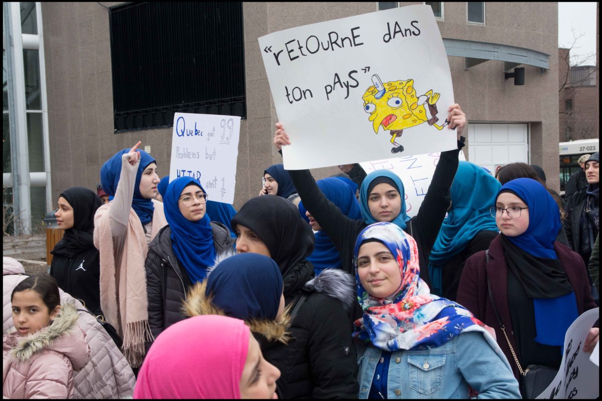 Demonstrations against Bill 21 in Montreal, Canada. The bill, which restricts public sector workers from displaying religious symbols at work, is an implicit attack on Muslims.