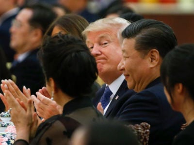 President Trump and China's President Xi Jinping attend a state dinner at the Great Hall of the People on November 9, 2017, in Beijing, China.
