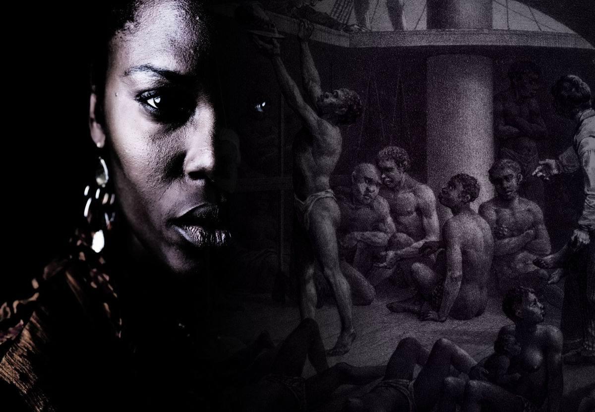 A Black woman looks onward as a slavery scene is depicted in the shadows of her face