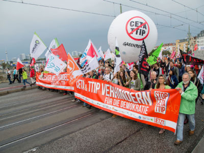 Protesters demonstrate against the Transatlantic Trade and Investment Partnership and Comprehensive Economic and Trade Agreement in Berlin, Germany, on September 17, 2016.
