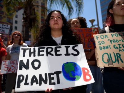 A protester is seen during a climate change demonstration holding a placard that says 'there is no planet B' in Los Angeles, California, May 24, 2019.