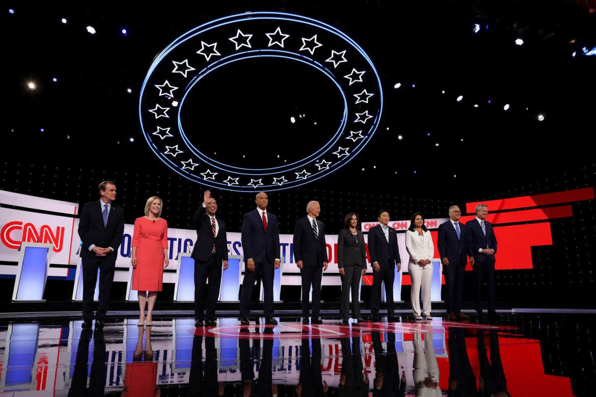 Democratic presidential candidates take the stage at the Democratic Presidential Debate at the Fox Theatre, July 31, 2019, in Detroit, Michigan.