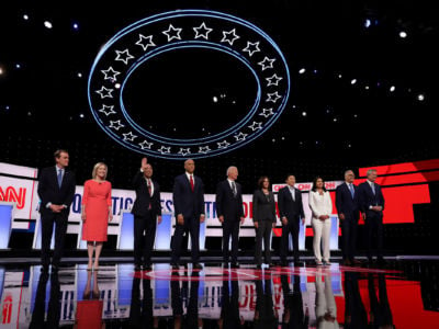 Democratic presidential candidates take the stage at the Democratic Presidential Debate at the Fox Theatre, July 31, 2019, in Detroit, Michigan.