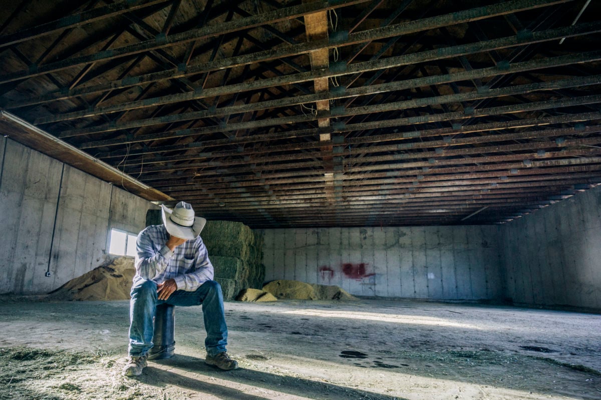 A man in a cowboy hat sits on a bucket in a nearly empty barn and cradles his face in his hands