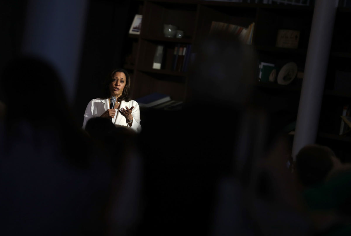 Sen. Kamala Harris speaks during a healthcare roundtable at The Loft at the First United Methodist Church on August 12, 2019, in Burlington, Iowa.