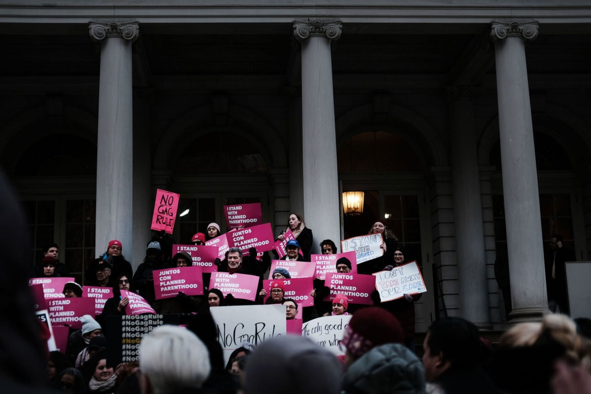 Pro-choice activists, politicians and others associated with Planned Parenthood gather for a news conference and demonstration at City Hall against the Trump administrations Title X rule change on February 25, 2019, in New York City.
