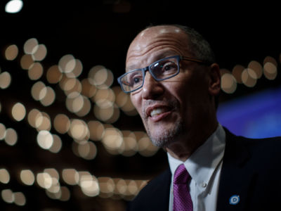 Democratic National Committee chairman Tom Perez speaks to reporters at the Adrienne Arsht Center for the Performing Arts, June 26, 2019, in Miami, Florida.