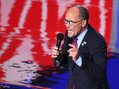 Chair of the Democratic National Committee, Tom Perez, speaks ahead of the second Democratic primary debate of the 2020 presidential campaign season at the Fox Theatre, in Detroit, Michigan, on July 31, 2019.