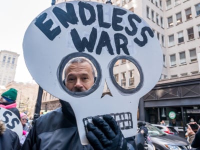 Anti-war activists gathered on March 19, 2019, the 16th anniversary of the invasion of Iraq, outside 26 Federal Plaza in lower Manhattan for a rally, followed by a march by several military recruiting offices along Chambers Street and to Borough of Manhattan Community College, to oppose the United States' endless cycle of war and militarism.