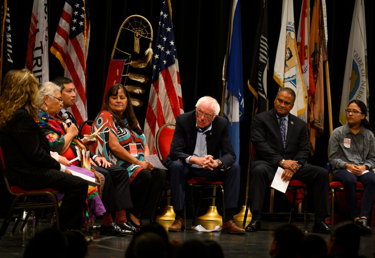 Democratic presidential candidate Sen. Bernie Sanders listens to a question at the Frank LaMere Native American Presidential Forum on August 20, 2019, in Sioux City, Iowa.