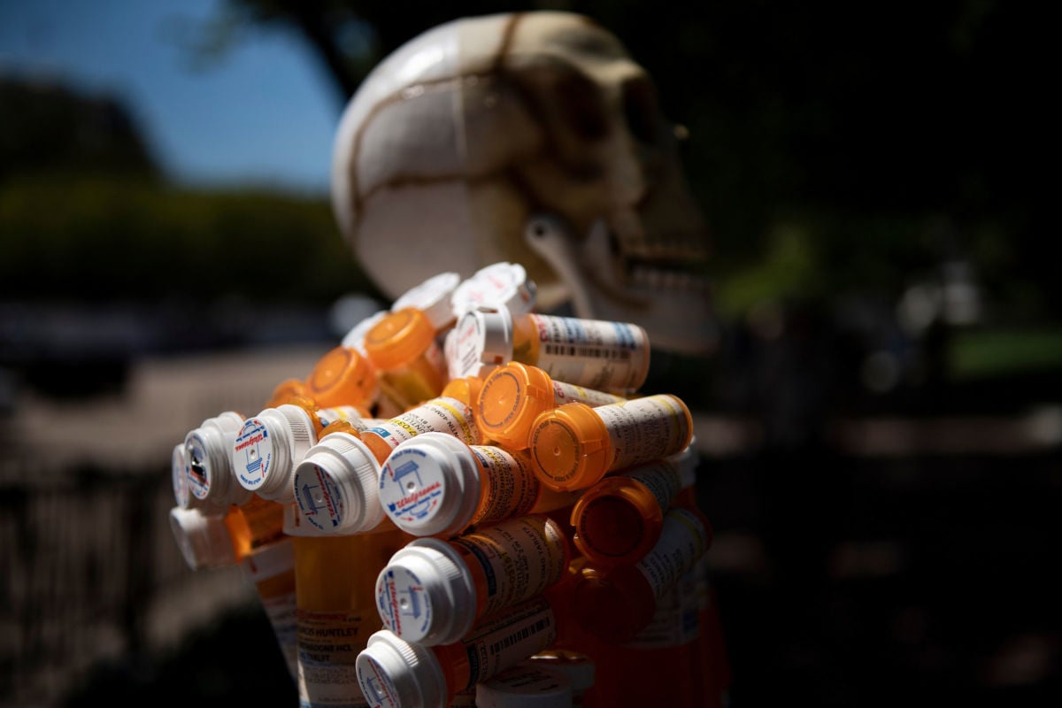 Pill Man, a skeleton made from Frank Huntley's oxycontin and methadone prescription bottles, is seen on Pennsylvania Avenue August 30, 2019, in Washington, D.C.