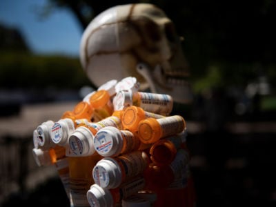 Pill Man, a skeleton made from Frank Huntley's oxycontin and methadone prescription bottles, is seen on Pennsylvania Avenue August 30, 2019, in Washington, D.C.
