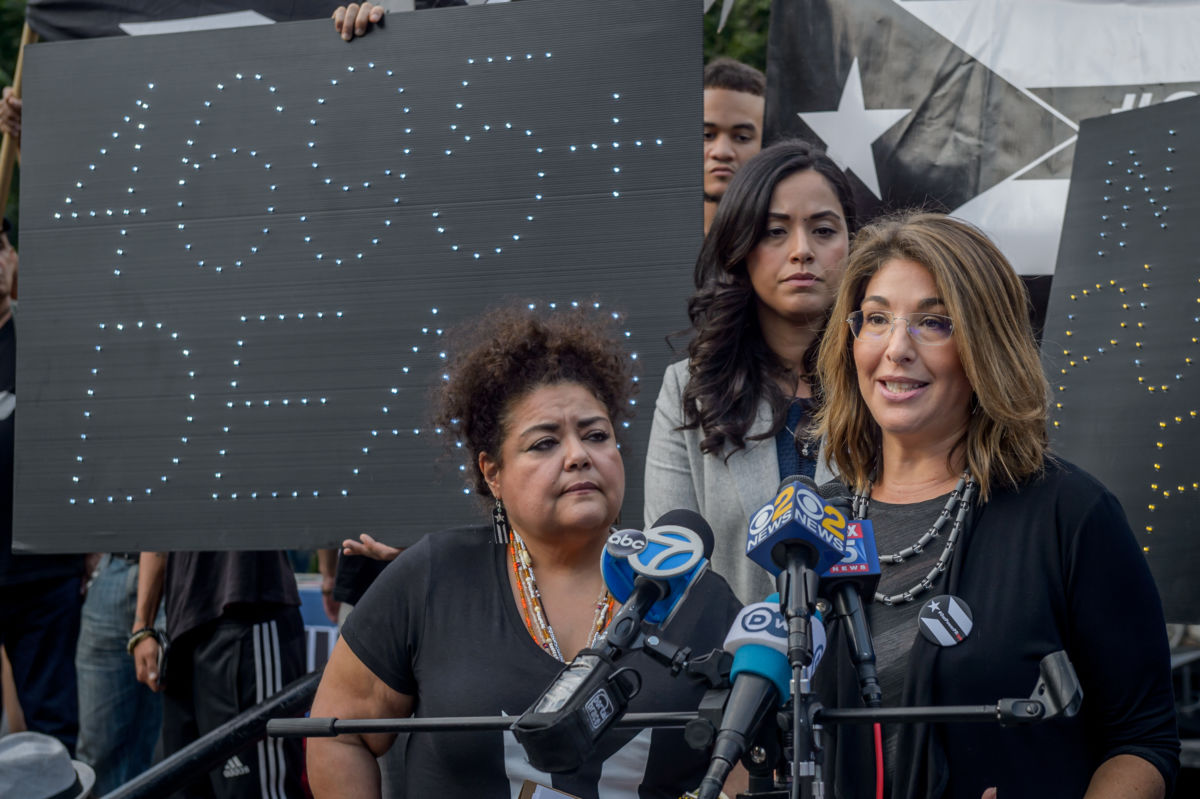Author, social activist and filmmaker Naomi Klein speaks to hundreds in Union Square in New York City on the one-year anniversary of Hurricane Maria.