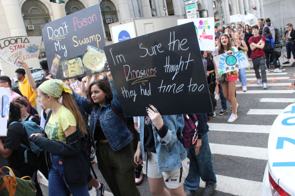 High school students prepare to march in New York City's Foley Square.