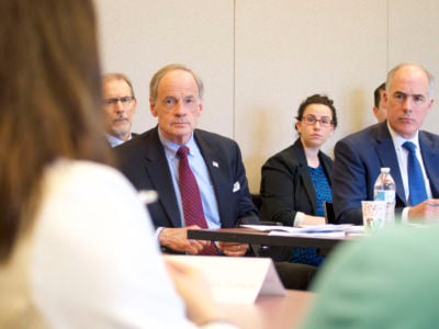 Sen. Bob Casey and Sen. Tom Carper host a closed-door roundtable discussion with selected members on the public, discussing effects and solutions of per- and polyfuoroalkyl substances, or PFAS, pollution in the region, at Horsham Township Library, in Horsham, Pennsylvania, on April 8, 2019.