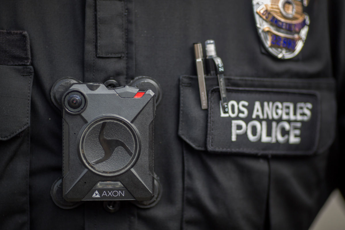 A Los Angeles police officer wears a body camera