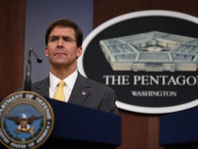 U.S. Secretary of Defense Mark Esper speaks during the joint press conference with Chairman of Joint Chiefs of Staff General Joseph Dunford on August 28, 2019, in Arlington, Virginia.