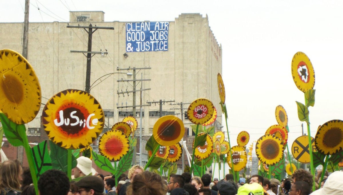Demonstrators march in Detroit during a protest in June 2010.
