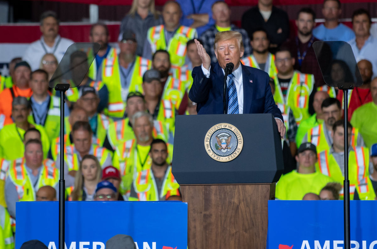 Donald Trump speaks to 5000 contractors at the Shell Chemicals Petrochemical Complex on August 13, 2019, in Monaca, Pennsylvania.