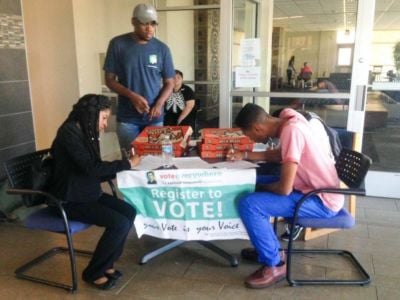 In this 2015 photo, students organizers with the Andrew Goodman Foundation took part in a voter registration drive at Tennessee State University. The group is among those challenging a new state law that poses a threat to such efforts.