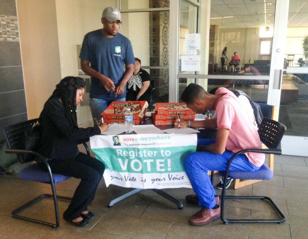 In this 2015 photo, students organizers with the Andrew Goodman Foundation took part in a voter registration drive at Tennessee State University. The group is among those challenging a new state law that poses a threat to such efforts.